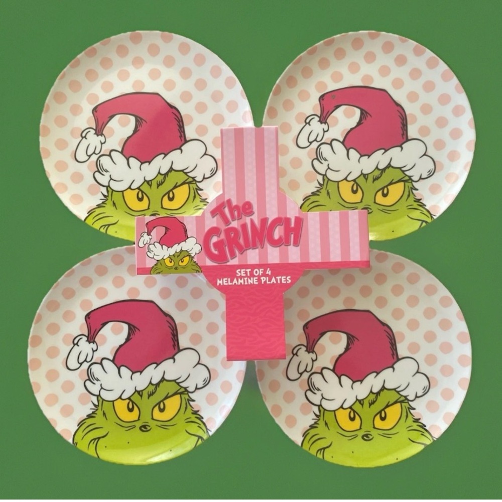 Dr. Seuss THE GRINCH Set of 4 Melamine 8" Round Plates Pink Polka Dots